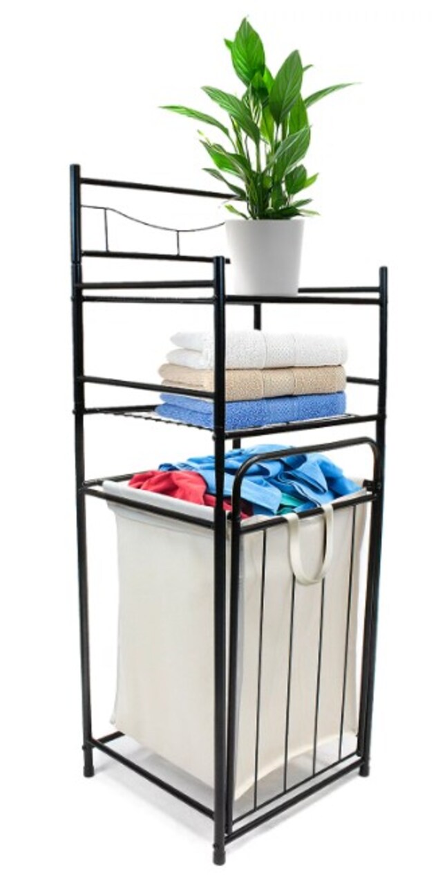 Steel Black 2 Shelf Freestanding Bathroom Storage Tower with Tilt Pull Out Removable Hamper